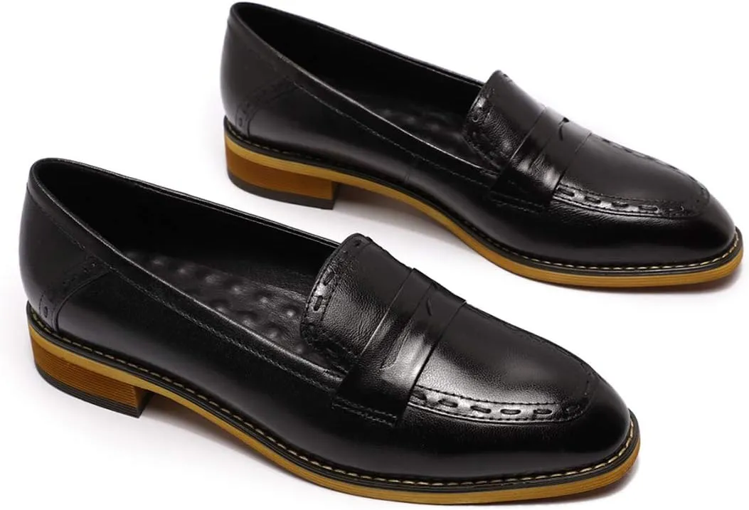 Mona flying Women's Leather Penny Loafers Slip On Flats Office Ladies Casual Shoes