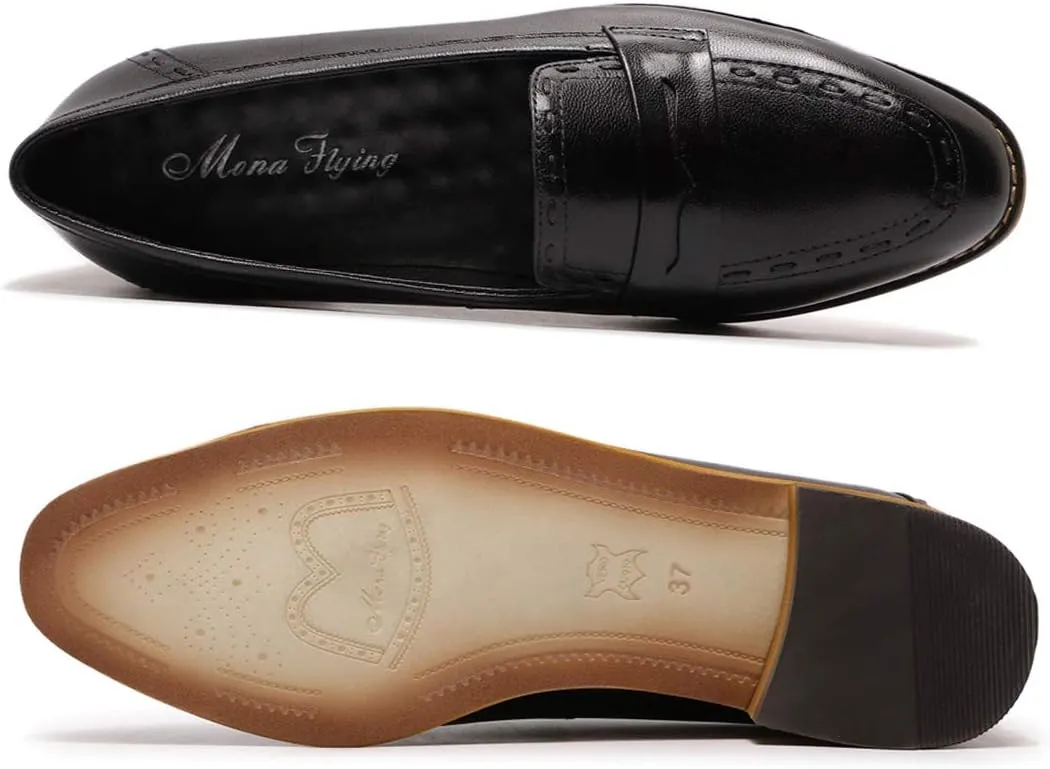 Mona flying Women's Leather Penny Loafers Slip On Flats Office Ladies Casual Shoes