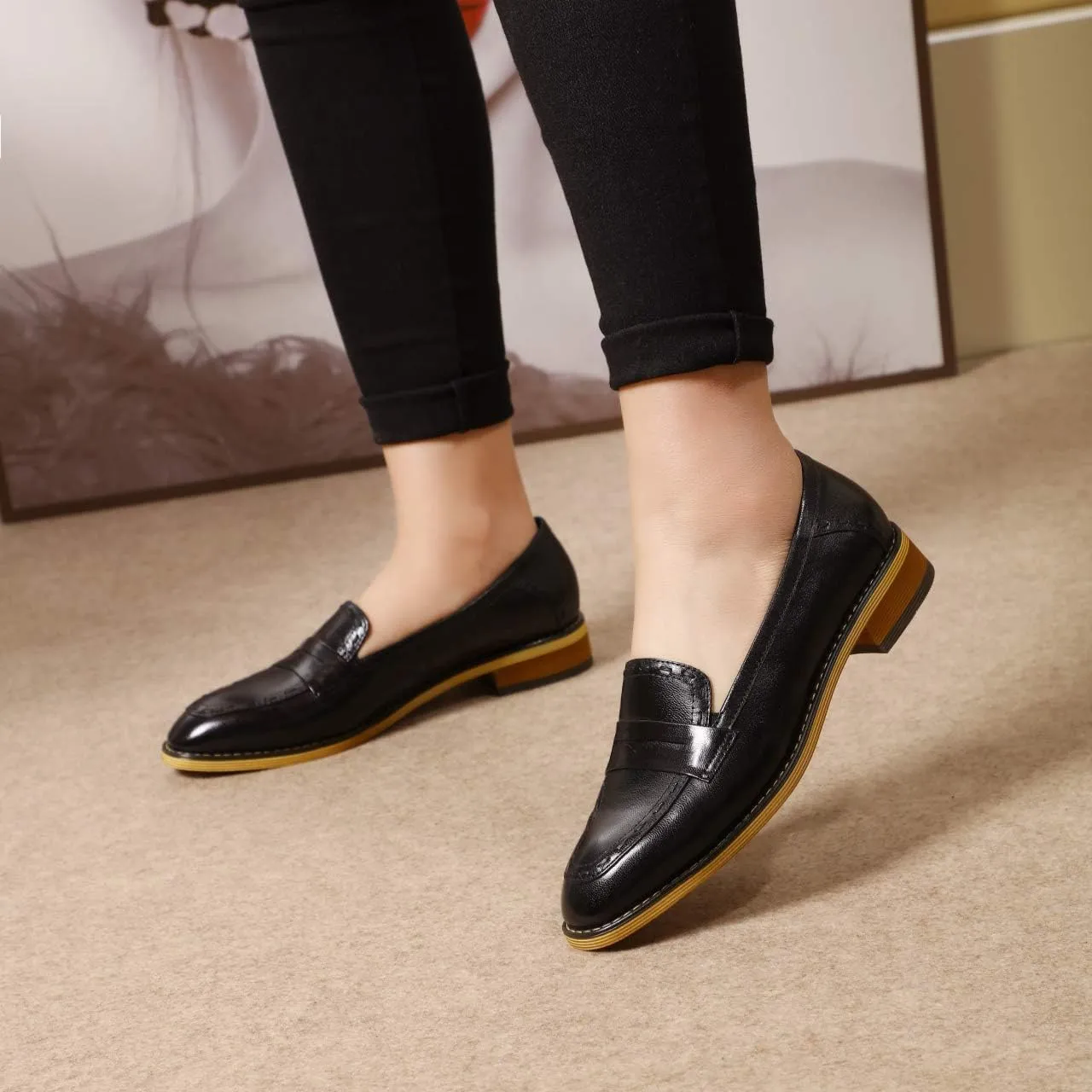 Mona flying Women's Leather Penny Loafers Slip On Flats Office Ladies Casual Shoes