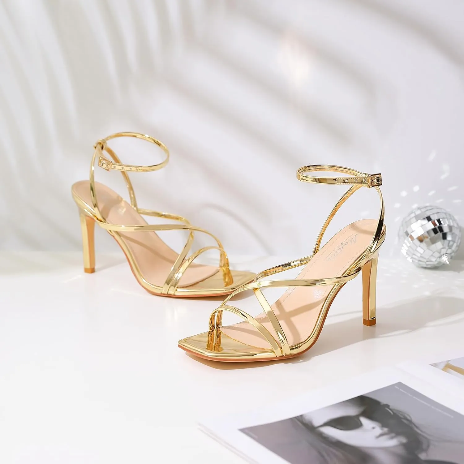 Mostrin Strappy Heels for Women Square Open Toe Lace Up Heeled Sandals Ankle Strap Sexy Stiletto High Heels for Party, Prom, Dating, Wedding