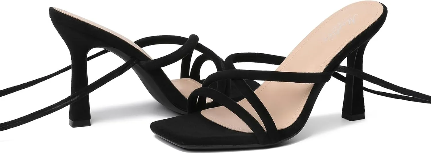 Mostrin Womens Sandals Strappy Heels for Women Lace Up Square Open Toe Heels Tie Up High Heeled Sandals for Prom, Party, Daily Wear