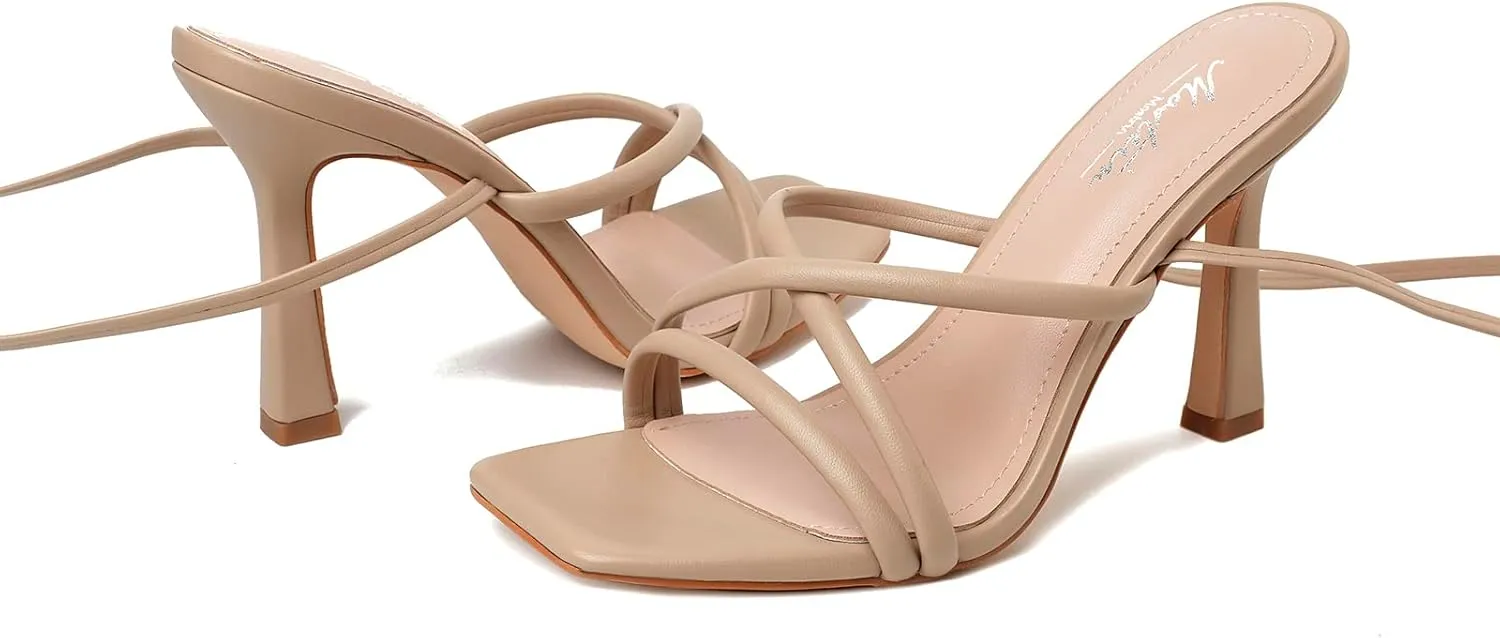 Mostrin Womens Sandals Strappy Heels for Women Lace Up Square Open Toe Heels Tie Up High Heeled Sandals for Prom, Party, Daily Wear