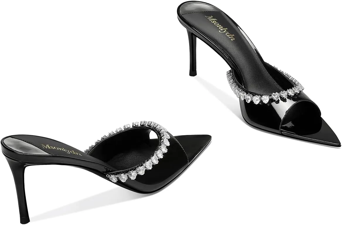MSONLYDN Women's Heeled Mules Sandals Pointed Peep Toe Slip on Stiletto Heels for Wedding Party