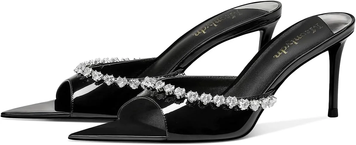 MSONLYDN Women's Heeled Mules Sandals Pointed Peep Toe Slip on Stiletto Heels for Wedding Party