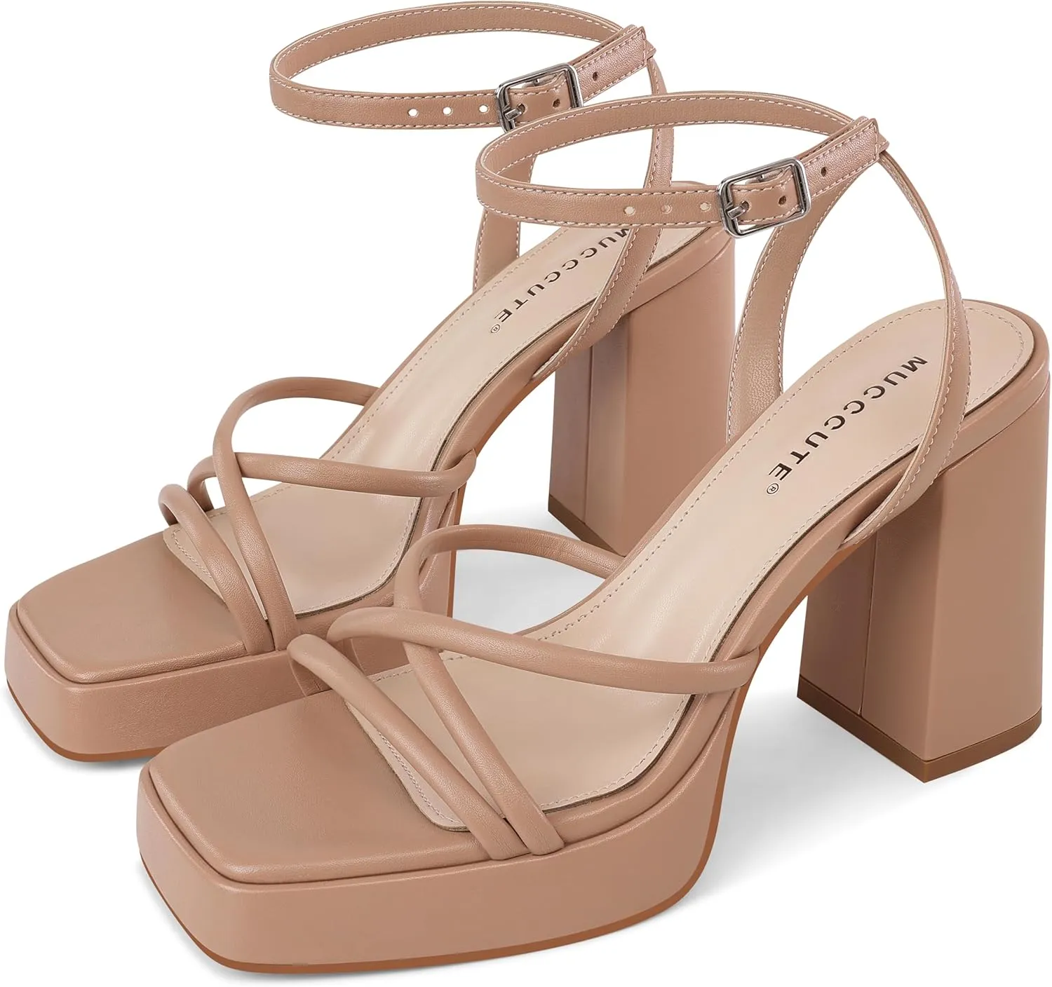 MUCCCUTE Platform Heels for Women Strappy Chunky Heeled Sandals Square Open Toe Ankle Strap Comfortable Wedding Party Evening Prom Dress Shoes