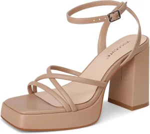 MUCCCUTE Platform Heels for Women Strappy Chunky Heeled Sandals Square Open Toe Ankle Strap Comfortable Wedding Party Evening Prom Dress Shoes