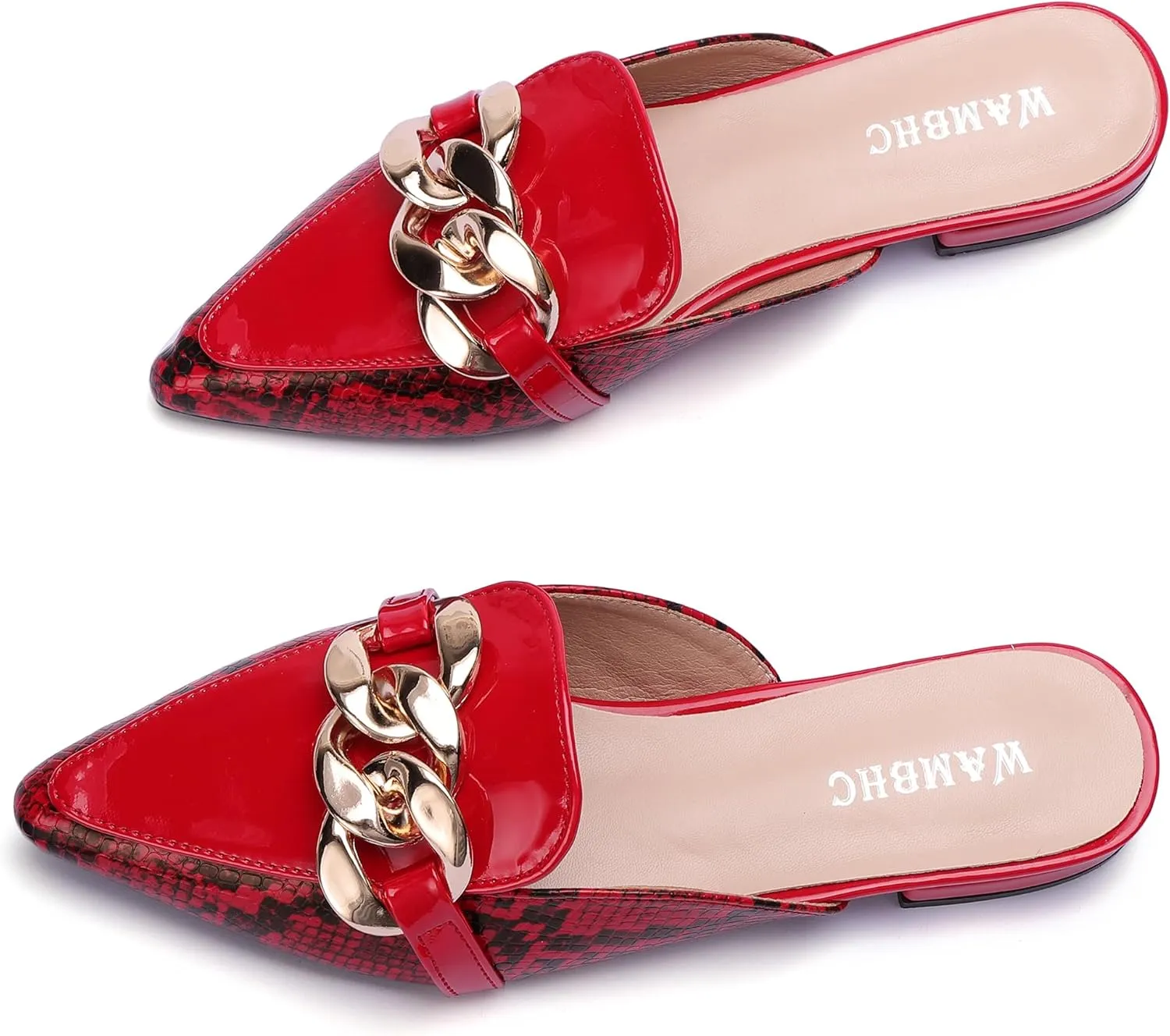 Mules for Women Chain Pointed Toe Flat Slides Mules - Slip on Comfortable Leather Women's Mule Shoe