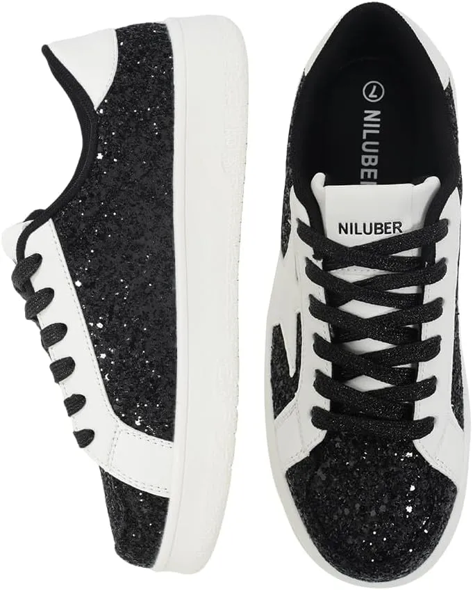 Niluber Star Sneakers for Women Low Top Comfortable Cushioned White Gold Sliver Leopard Platform Sneakers Lace Up Red Glitter Platform Party Shoes