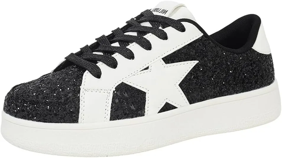Niluber Star Sneakers for Women Low Top Comfortable Cushioned White Gold Sliver Leopard Platform Sneakers Lace Up Red Glitter Platform Party Shoes