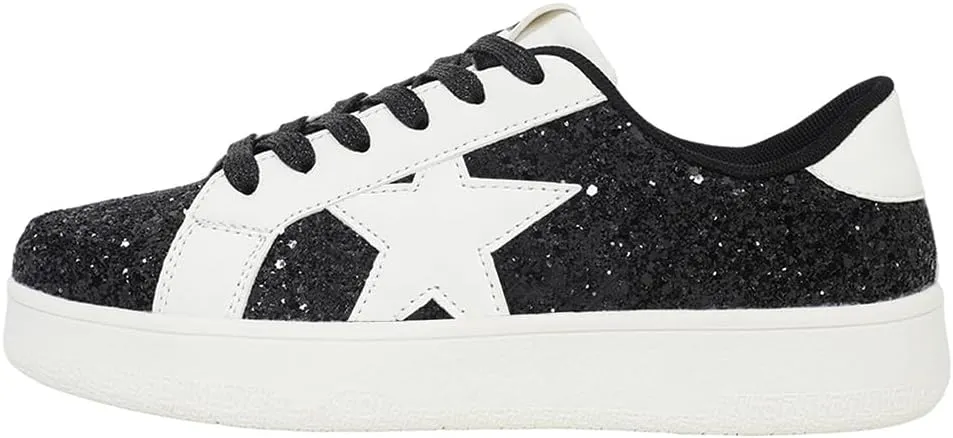Niluber Star Sneakers for Women Low Top Comfortable Cushioned White Gold Sliver Leopard Platform Sneakers Lace Up Red Glitter Platform Party Shoes
