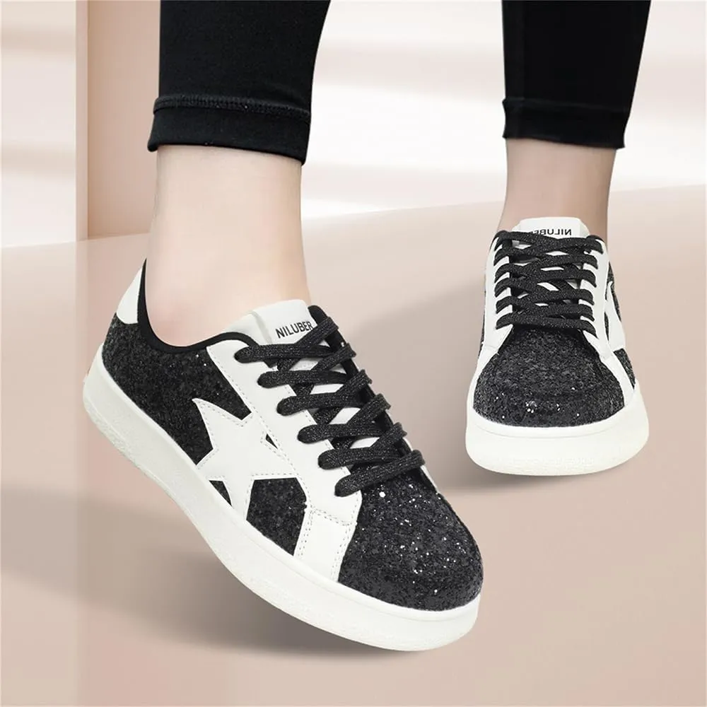 Niluber Star Sneakers for Women Low Top Comfortable Cushioned White Gold Sliver Leopard Platform Sneakers Lace Up Red Glitter Platform Party Shoes