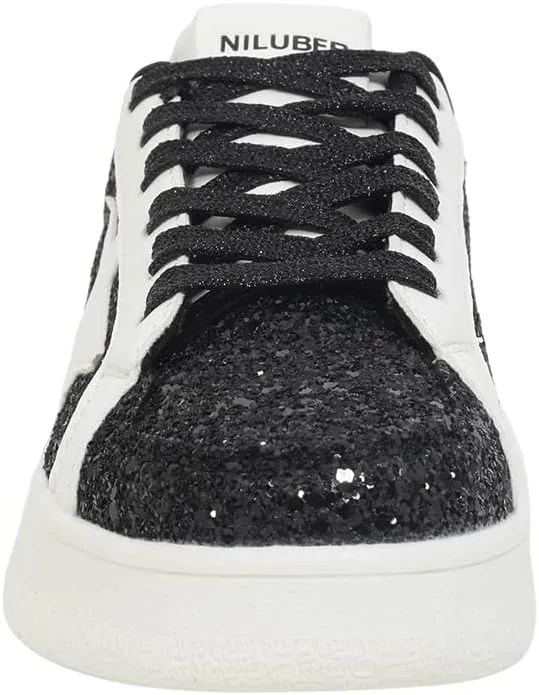 Niluber Star Sneakers for Women Low Top Comfortable Cushioned White Gold Sliver Leopard Platform Sneakers Lace Up Red Glitter Platform Party Shoes