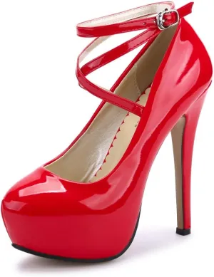 OCHENTA Women's Ankle Strap Platform Pumps High Heels Sexy Party Dress Shoes Stiletto Heels PU Red 41 - US 9