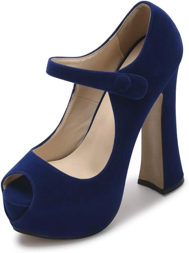 OCHENTA Women's Peep Toe Platform High Heels Ankle Strap Pumps Chunky Heels for Party Daily Wear