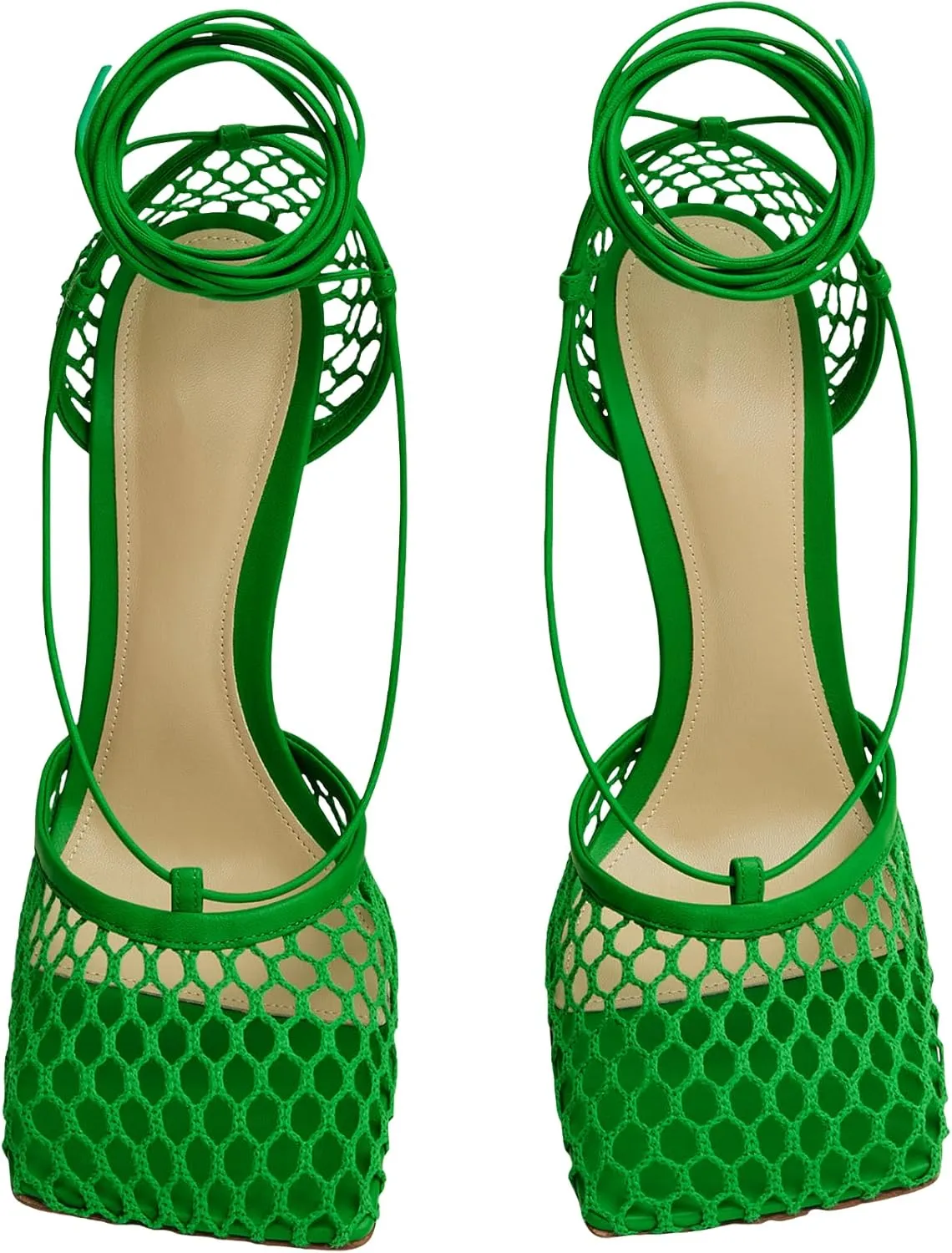 Olomisa Mesh Heels for Women - Wrap-up Heels with Square Toe & Strappy Fishnet Design