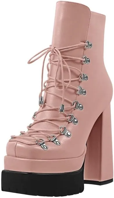 onlymaker Double Platform Ankle Boots Chunky High Heels Lace up side Zippers Square Toe Platform Booty