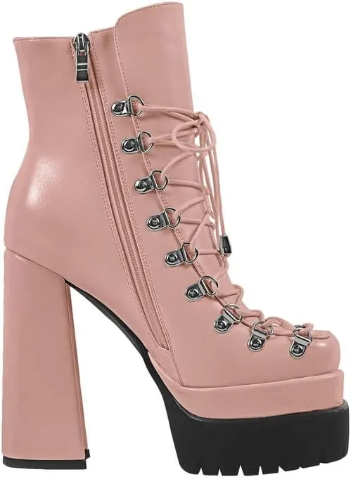 onlymaker Double Platform Ankle Boots Chunky High Heels Lace up side Zippers Square Toe Platform Booty