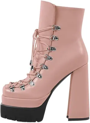 onlymaker Double Platform Ankle Boots Chunky High Heels Lace up side Zippers Square Toe Platform Booty