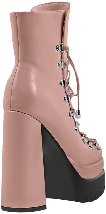 onlymaker Double Platform Ankle Boots Chunky High Heels Lace up side Zippers Square Toe Platform Booty