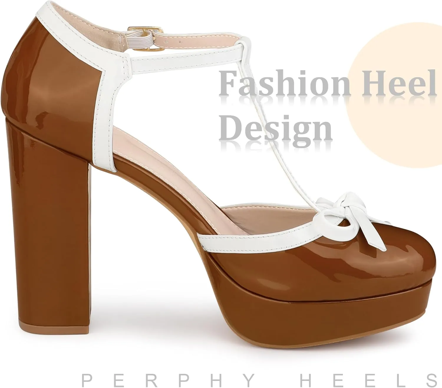 Perphy Bow T-Strap Platform Chunky Heels Pumps for Women