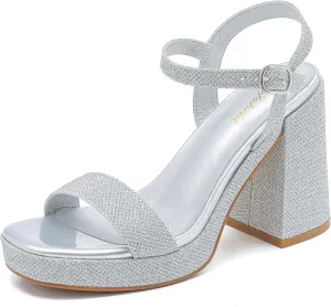 Platform Sandals Women Fashion Block Chunky Heeled Sandals Open Toe High Heels Evening Wedding Party Prom Dance Summer Ankle Strap Dress Shoes