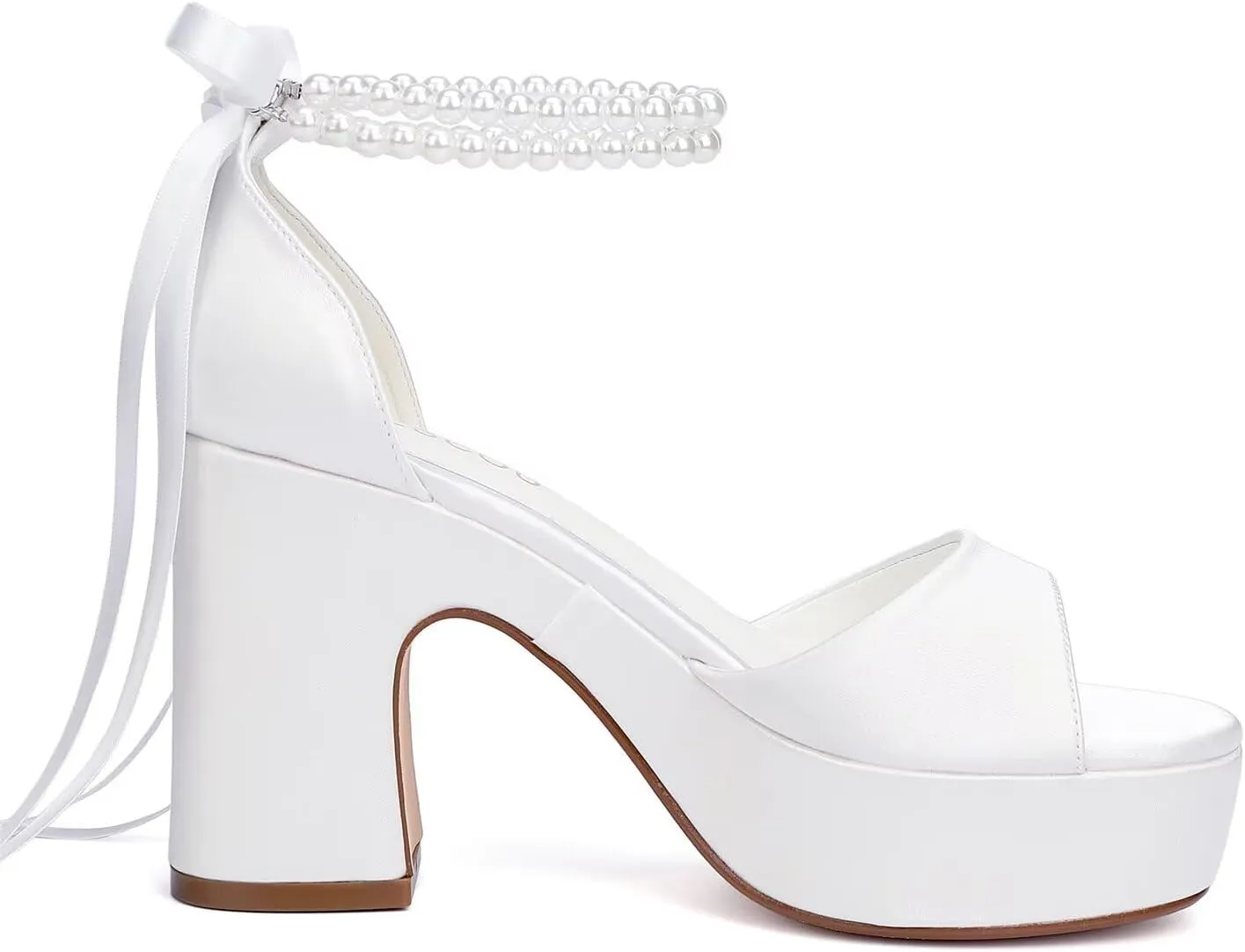 Platform Wedding Shoes for Bride Open Toe Bridal Shoes Pearl Heels Block Heel Wedding Sandals
