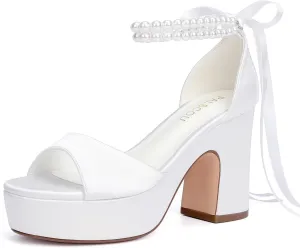Platform Wedding Shoes for Bride Open Toe Bridal Shoes Pearl Heels Block Heel Wedding Sandals