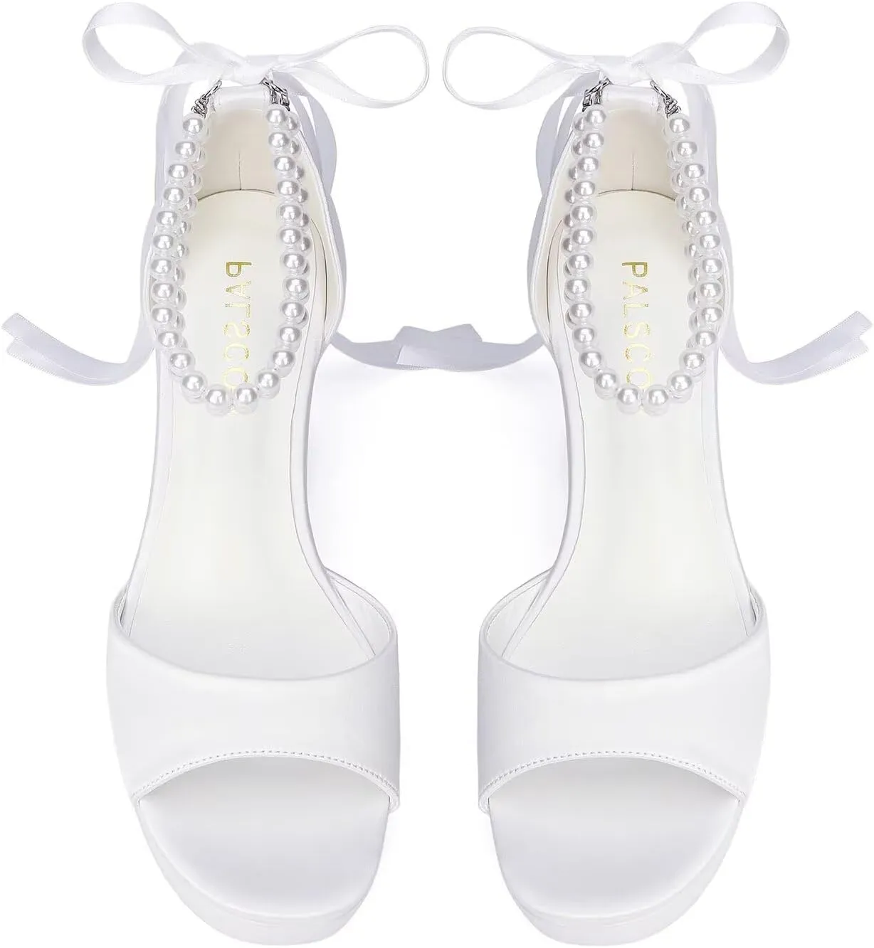 Platform Wedding Shoes for Bride Open Toe Bridal Shoes Pearl Heels Block Heel Wedding Sandals