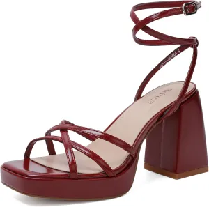 Reitoye Strappy Platform Heels for Women Ankle Strap Chunky Block Heel Square Open Toe Heeled Sandals for Party Wedding Prom Dress