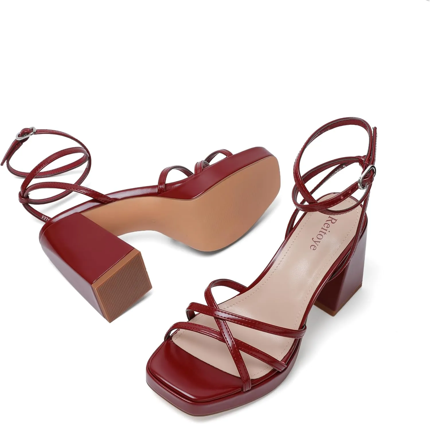 Reitoye Strappy Platform Heels for Women Ankle Strap Chunky Block Heel Square Open Toe Heeled Sandals for Party Wedding Prom Dress