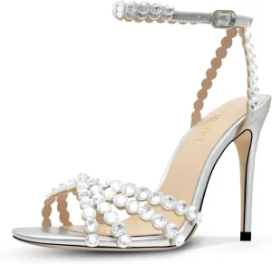 Rhinestone High Heels Stiletos Heels for Women Strappy Buckle Heels Round Toe Sexy Dressy Pumps Sandals
