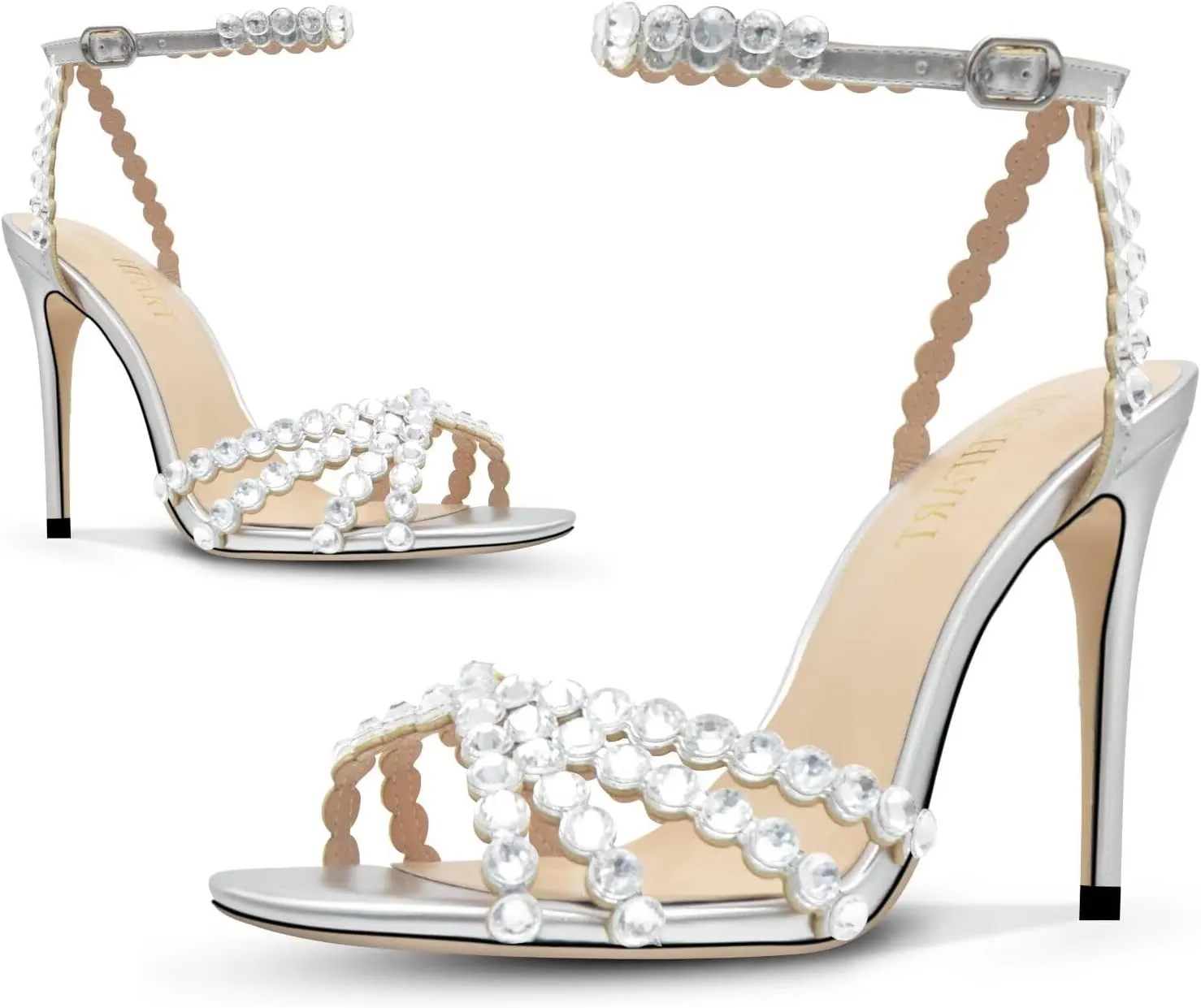 Rhinestone High Heels Stiletos Heels for Women Strappy Buckle Heels Round Toe Sexy Dressy Pumps Sandals