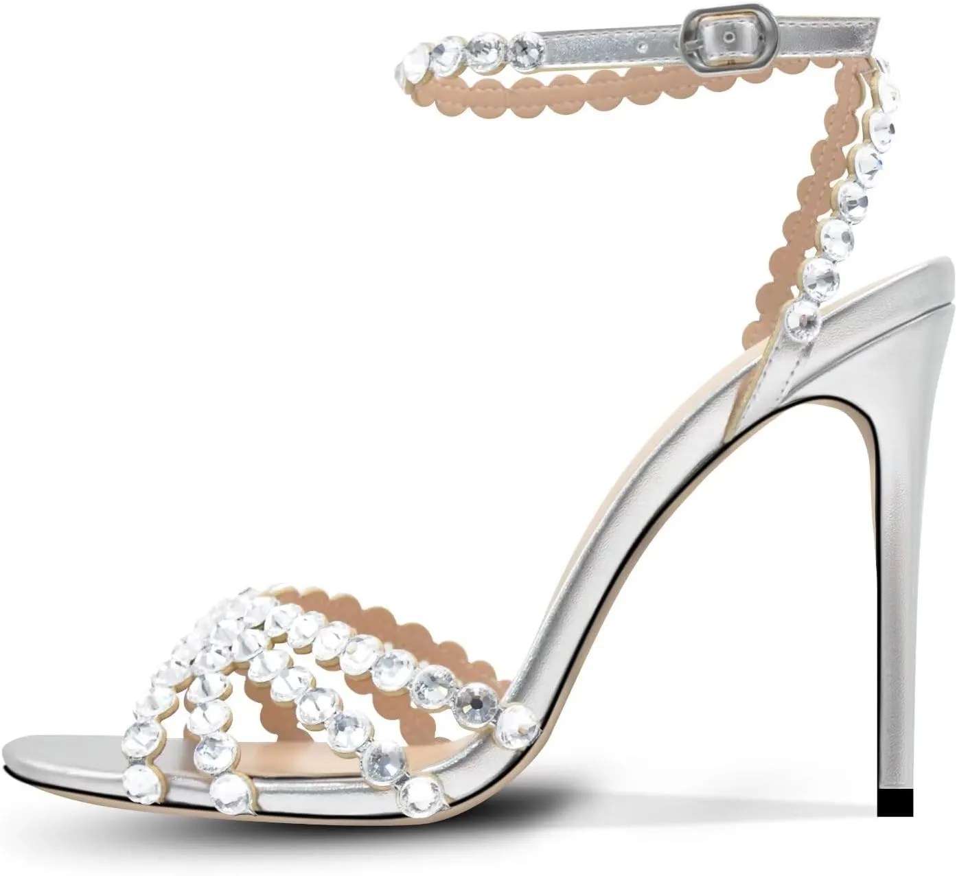 Rhinestone High Heels Stiletos Heels for Women Strappy Buckle Heels Round Toe Sexy Dressy Pumps Sandals