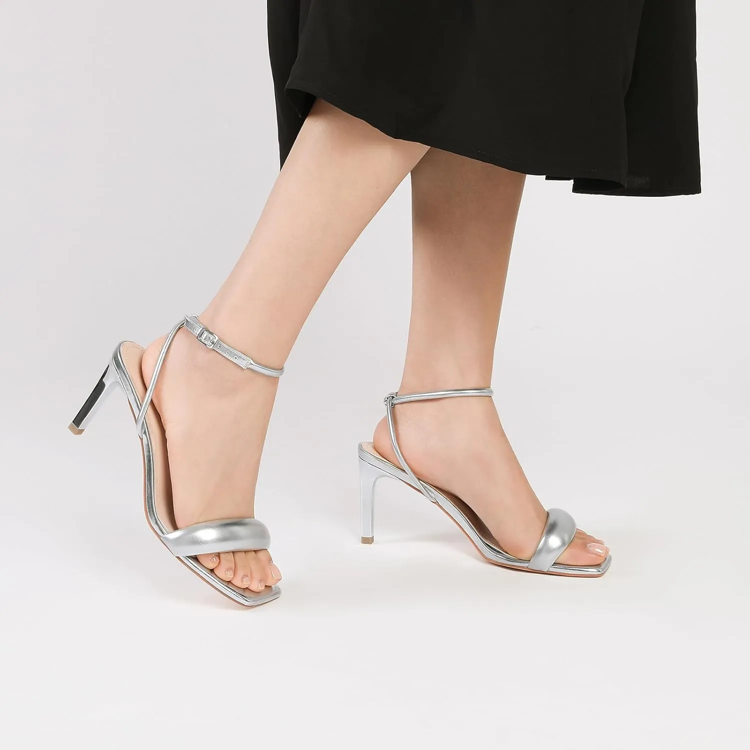 RIBONGZ Womens Sandals Dressy Gold Strappy Square Open Toe Chunky Heels Ankle Strap Kitten Sexy High Heels Prom Wedding Party Evening Summer Bridal Shoes