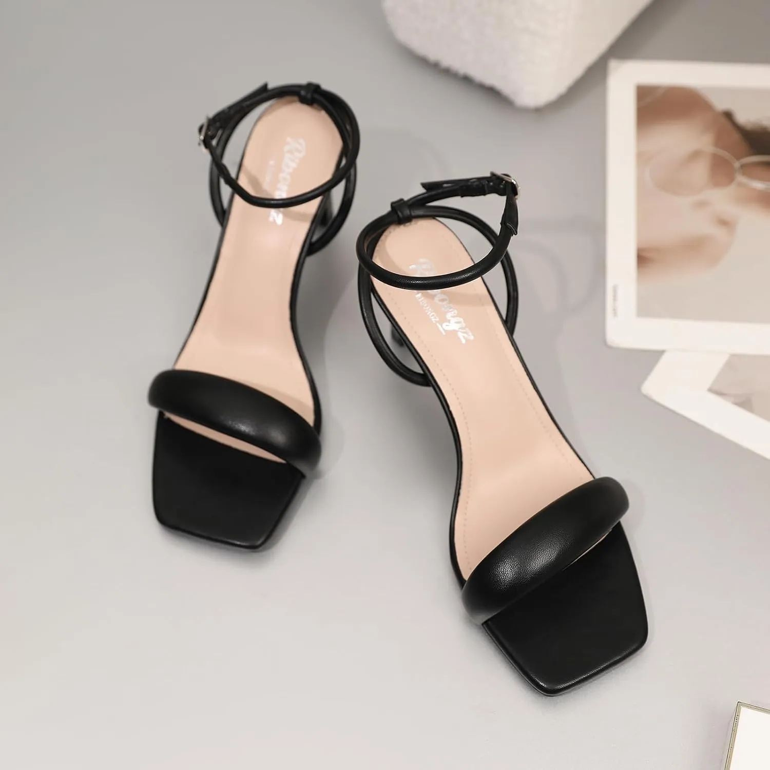 RIBONGZ Womens Sandals Dressy Gold Strappy Square Open Toe Chunky Heels Ankle Strap Kitten Sexy High Heels Prom Wedding Party Evening Summer Bridal Shoes