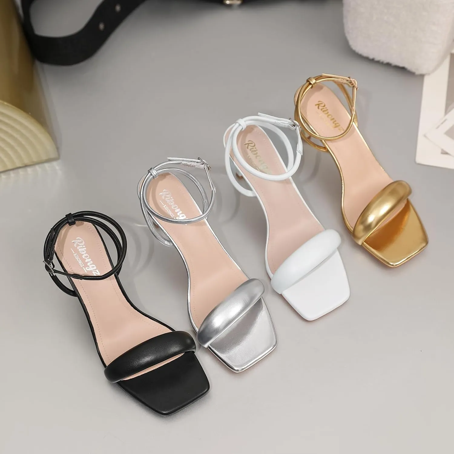 RIBONGZ Womens Sandals Dressy Gold Strappy Square Open Toe Chunky Heels Ankle Strap Kitten Sexy High Heels Prom Wedding Party Evening Summer Bridal Shoes