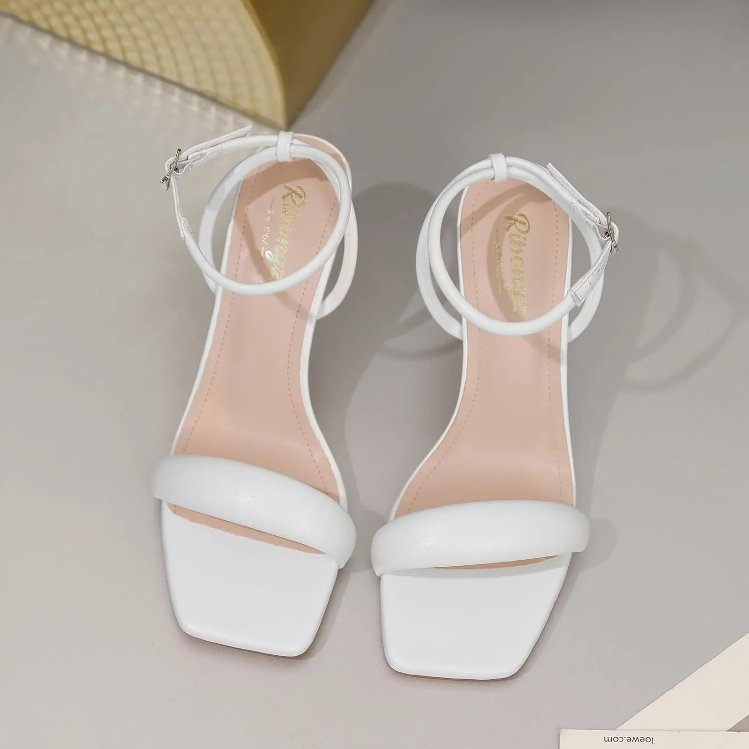 RIBONGZ Womens Sandals Dressy Gold Strappy Square Open Toe Chunky Heels Ankle Strap Kitten Sexy High Heels Prom Wedding Party Evening Summer Bridal Shoes