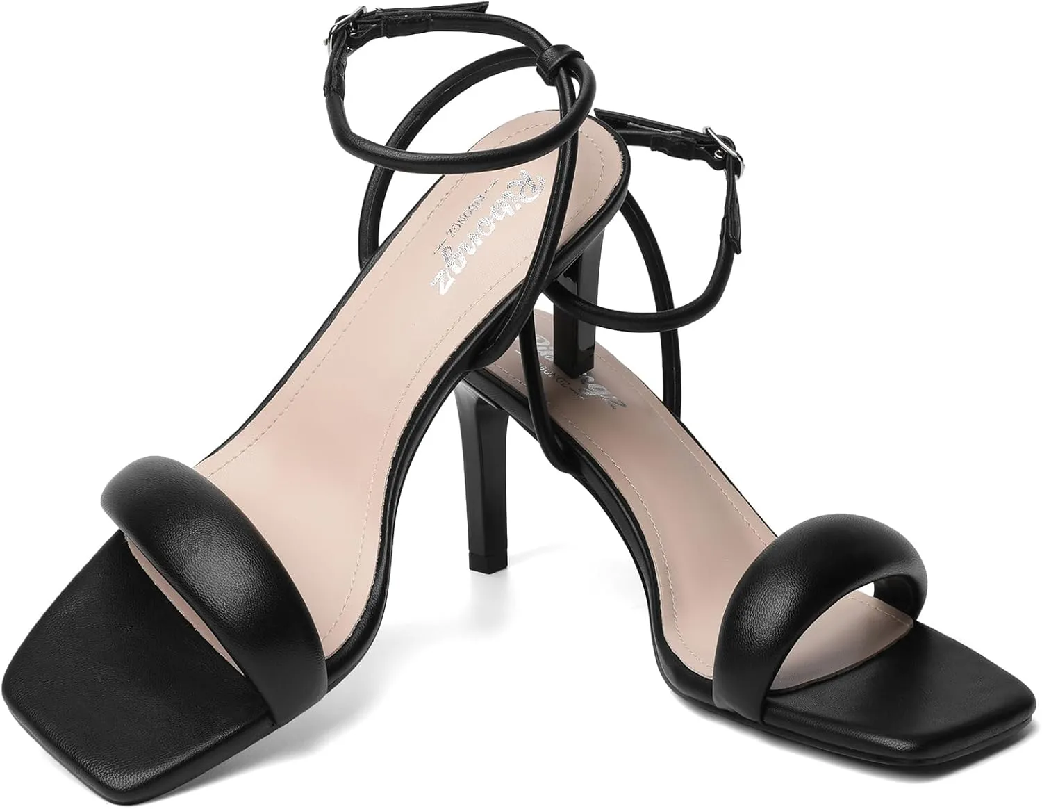 RIBONGZ Womens Sandals Dressy Gold Strappy Square Open Toe Chunky Heels Ankle Strap Kitten Sexy High Heels Prom Wedding Party Evening Summer Bridal Shoes