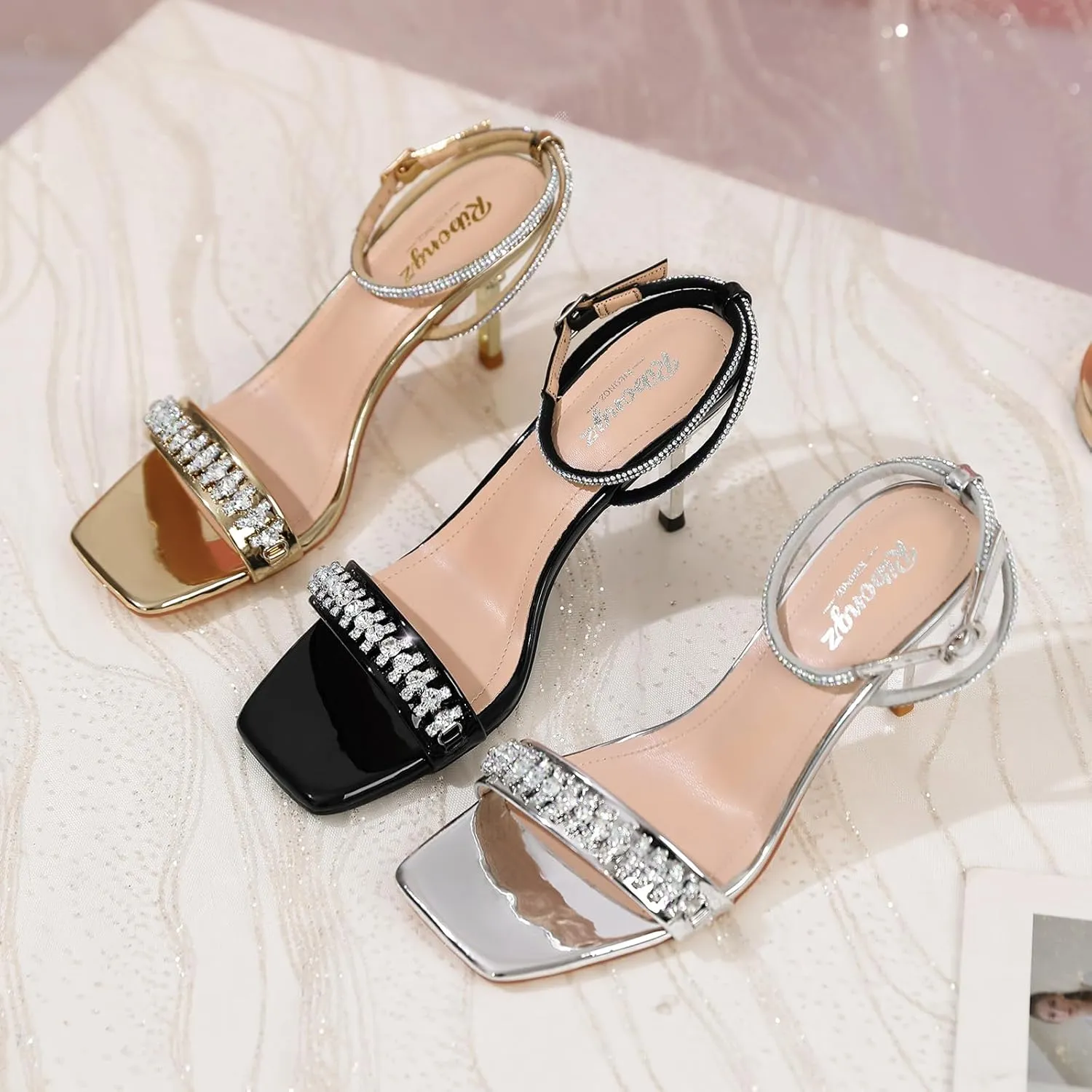 RIBONGZ Womens Sandals Dressy Gold Strappy Square Open Toe Chunky Heels Ankle Strap Kitten Sexy High Heels Prom Wedding Party Evening Summer Bridal Shoes