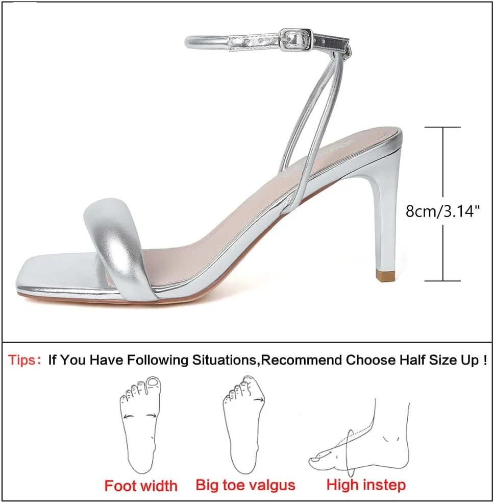 RIBONGZ Womens Sandals Dressy Gold Strappy Square Open Toe Chunky Heels Ankle Strap Kitten Sexy High Heels Prom Wedding Party Evening Summer Bridal Shoes