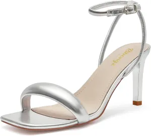 RIBONGZ Womens Sandals Dressy Gold Strappy Square Open Toe Chunky Heels Ankle Strap Kitten Sexy High Heels Prom Wedding Party Evening Summer Bridal Shoes