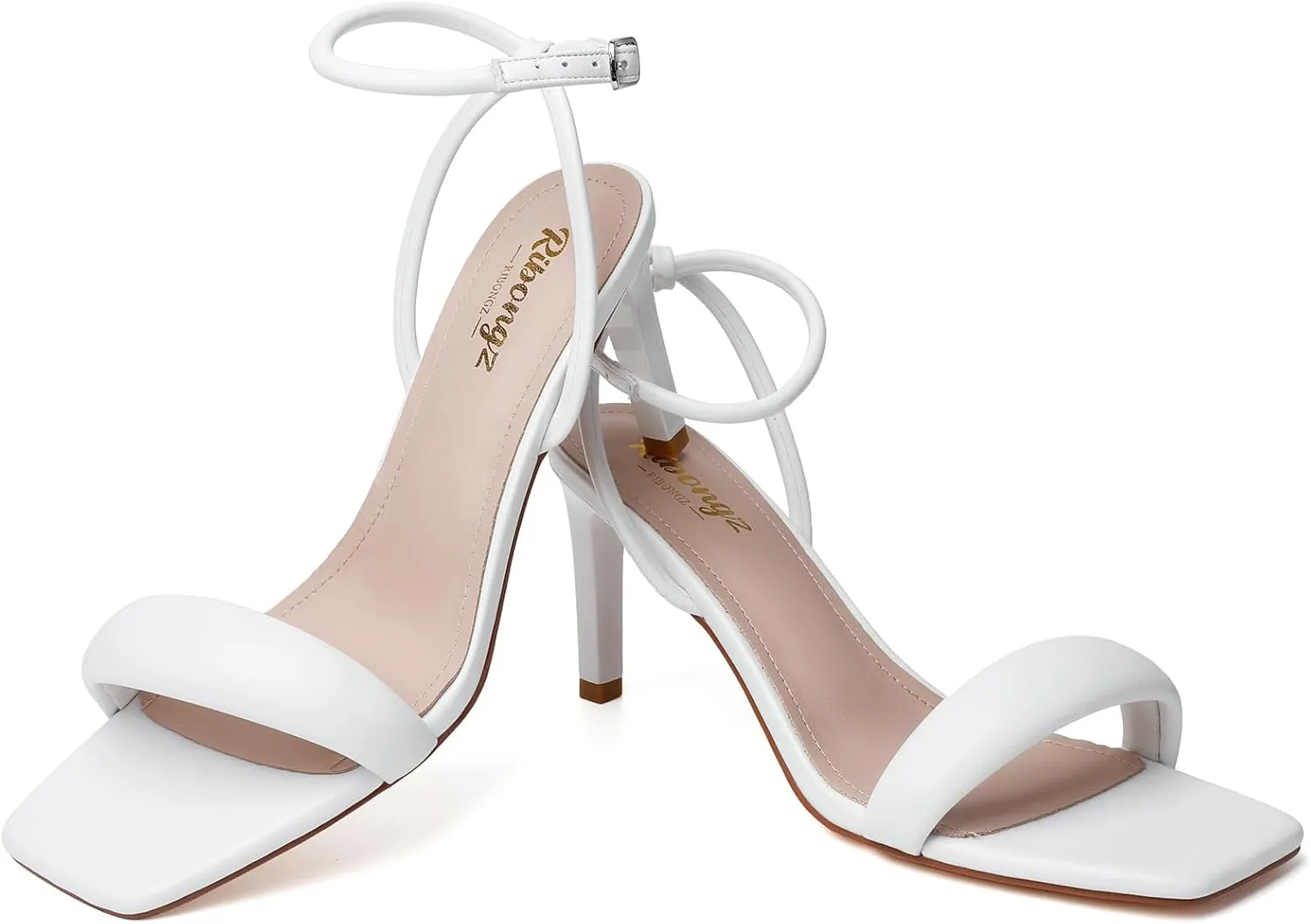 RIBONGZ Womens Sandals Dressy Gold Strappy Square Open Toe Chunky Heels Ankle Strap Kitten Sexy High Heels Prom Wedding Party Evening Summer Bridal Shoes