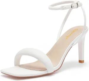 RIBONGZ Womens Sandals Dressy Gold Strappy Square Open Toe Chunky Heels Ankle Strap Kitten Sexy High Heels Prom Wedding Party Evening Summer Bridal Shoes