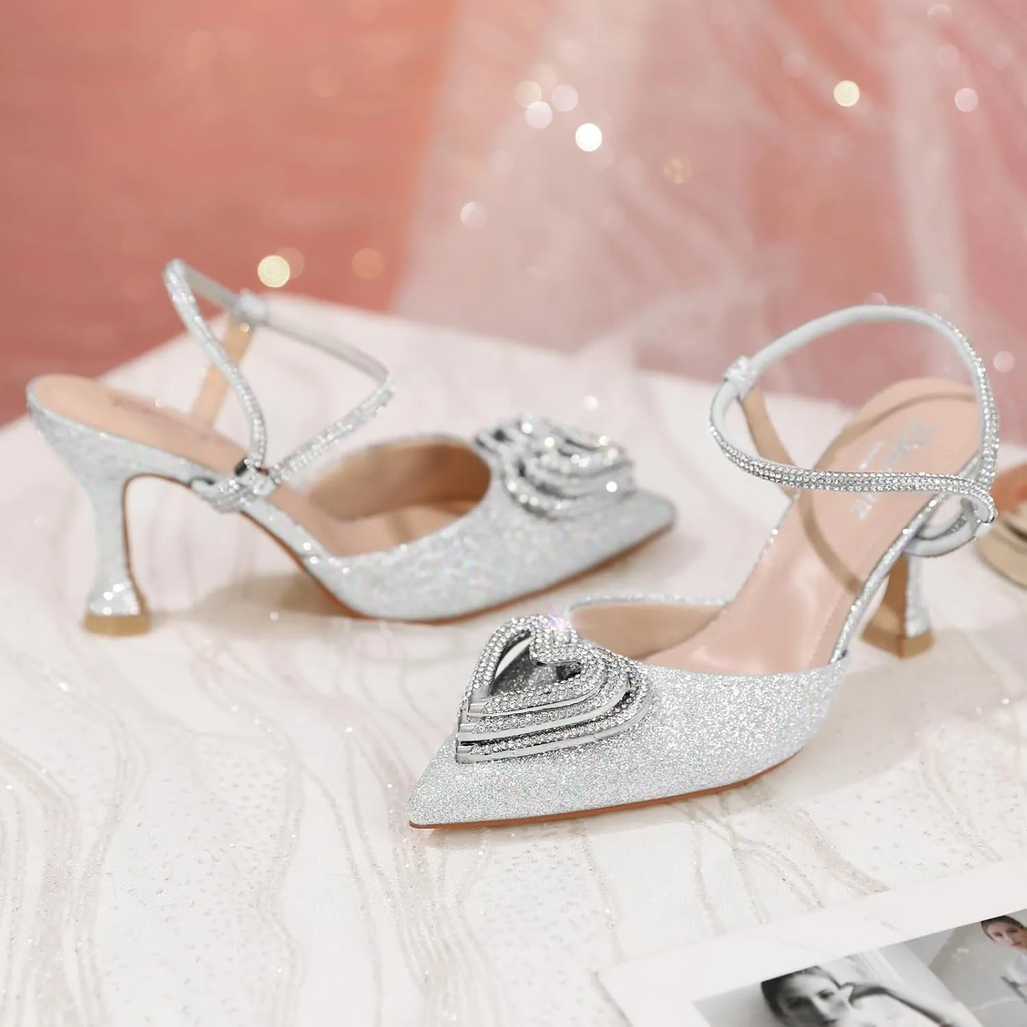 RIBONGZ Women's Wedding Shoes Glitter Sparkly Pointed Toe Strappy High Heels Sexy Ankle Strap Pumps Bridal Party Work Dress Shoes