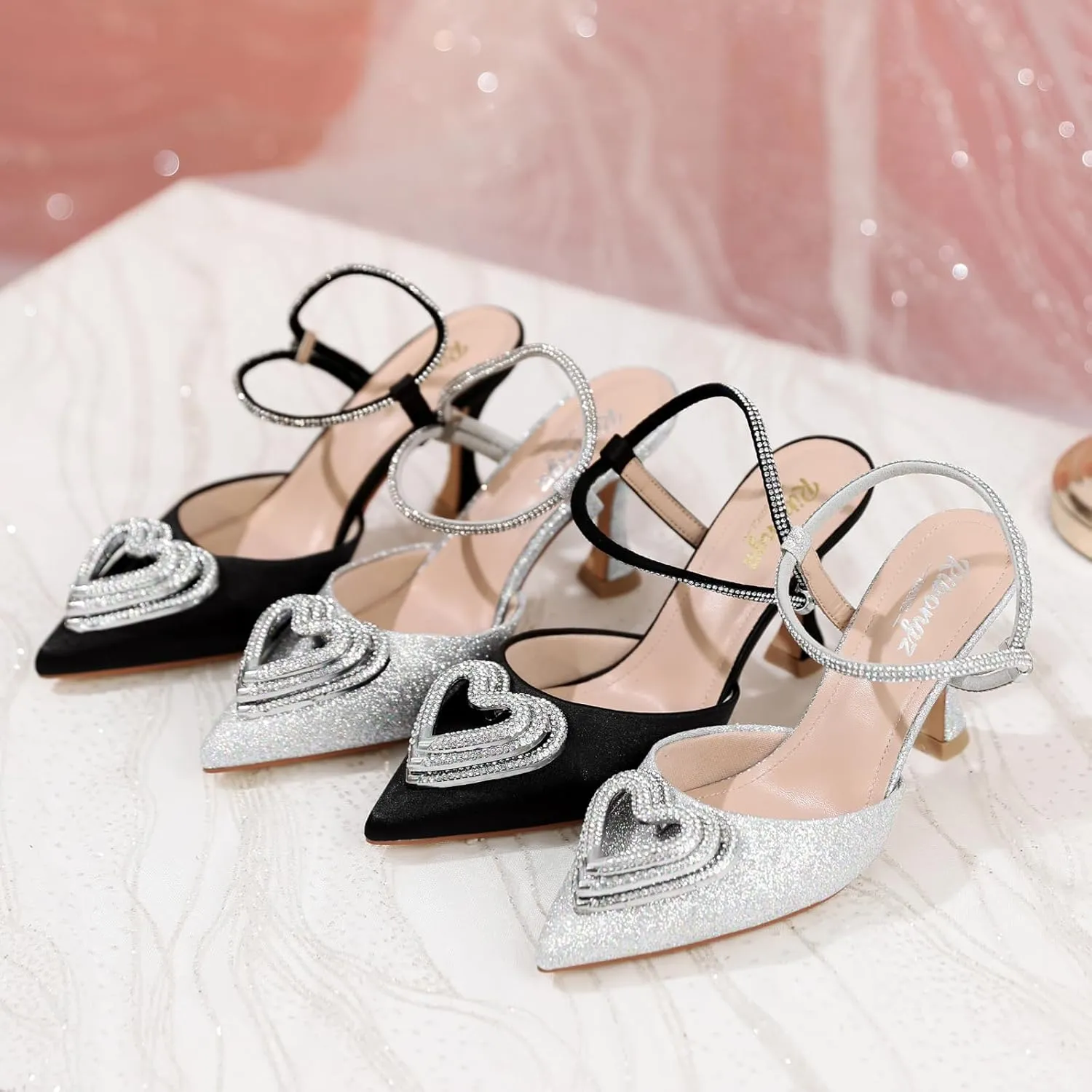RIBONGZ Women's Wedding Shoes Glitter Sparkly Pointed Toe Strappy High Heels Sexy Ankle Strap Pumps Bridal Party Work Dress Shoes