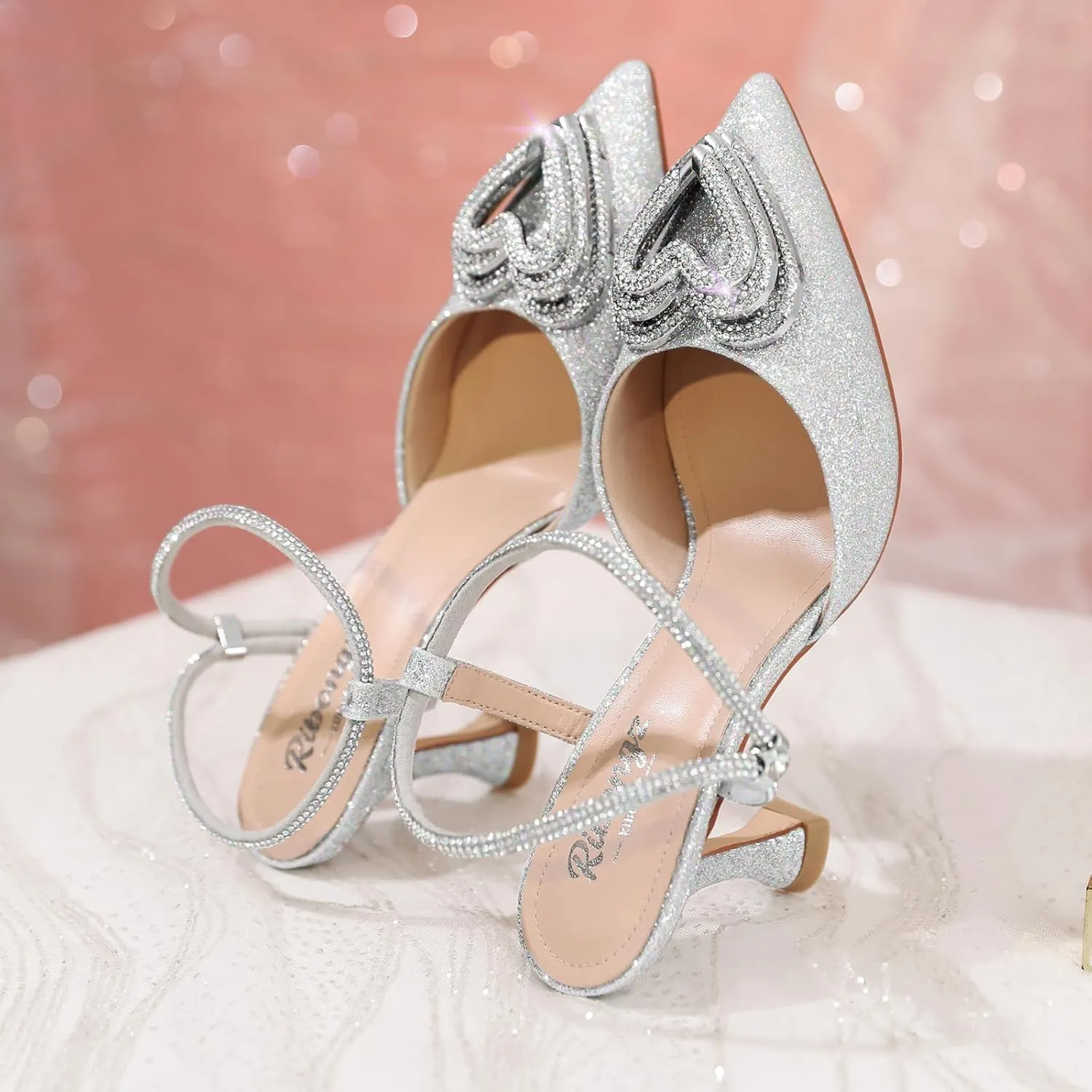 RIBONGZ Women's Wedding Shoes Glitter Sparkly Pointed Toe Strappy High Heels Sexy Ankle Strap Pumps Bridal Party Work Dress Shoes