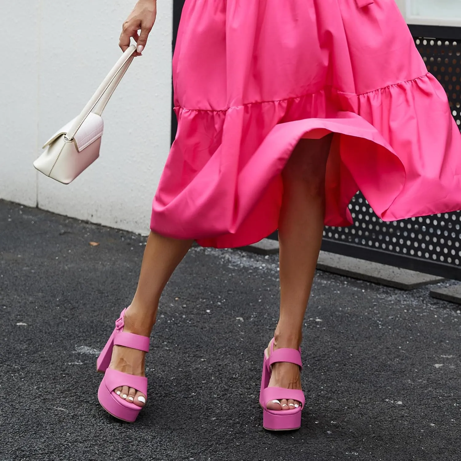 risdoada Platform Heels for Women 4.53 Inches Chunky High Heels Ankle Strap Square Toe Heeled Sandals Wedding Party Wedges Pumps