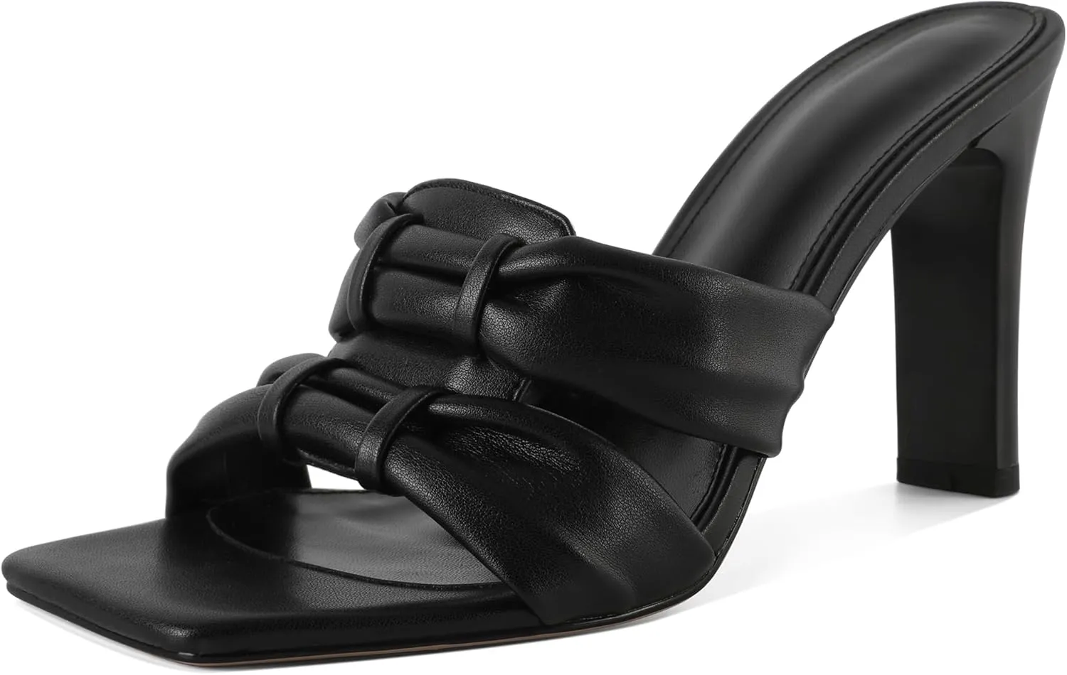SAMMITOP Women's Square Toe Heels Knot Strap Chunky High Heeled Sandals Comfortable Slip On Mules Slide for Party Dating Daily 3.7 Inch