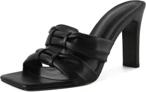 SAMMITOP Women's Square Toe Heels Knot Strap Chunky High Heeled Sandals Comfortable Slip On Mules Slide for Party Dating Daily 3.7 Inch