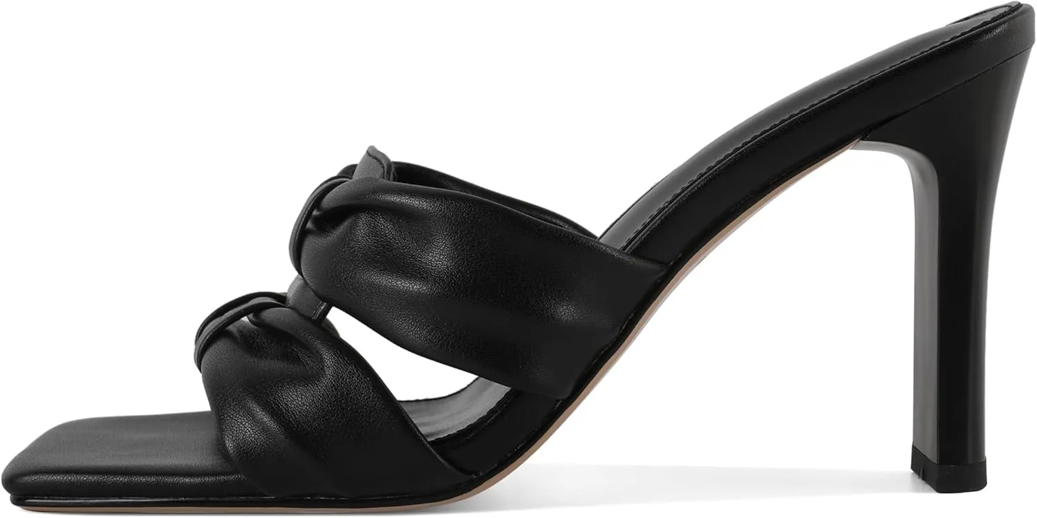 SAMMITOP Women's Square Toe Heels Knot Strap Chunky High Heeled Sandals Comfortable Slip On Mules Slide for Party Dating Daily 3.7 Inch